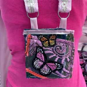 Fabric Collage Wallet Hand Crafted Pink and Black Butterfly Bag Purse Necklace